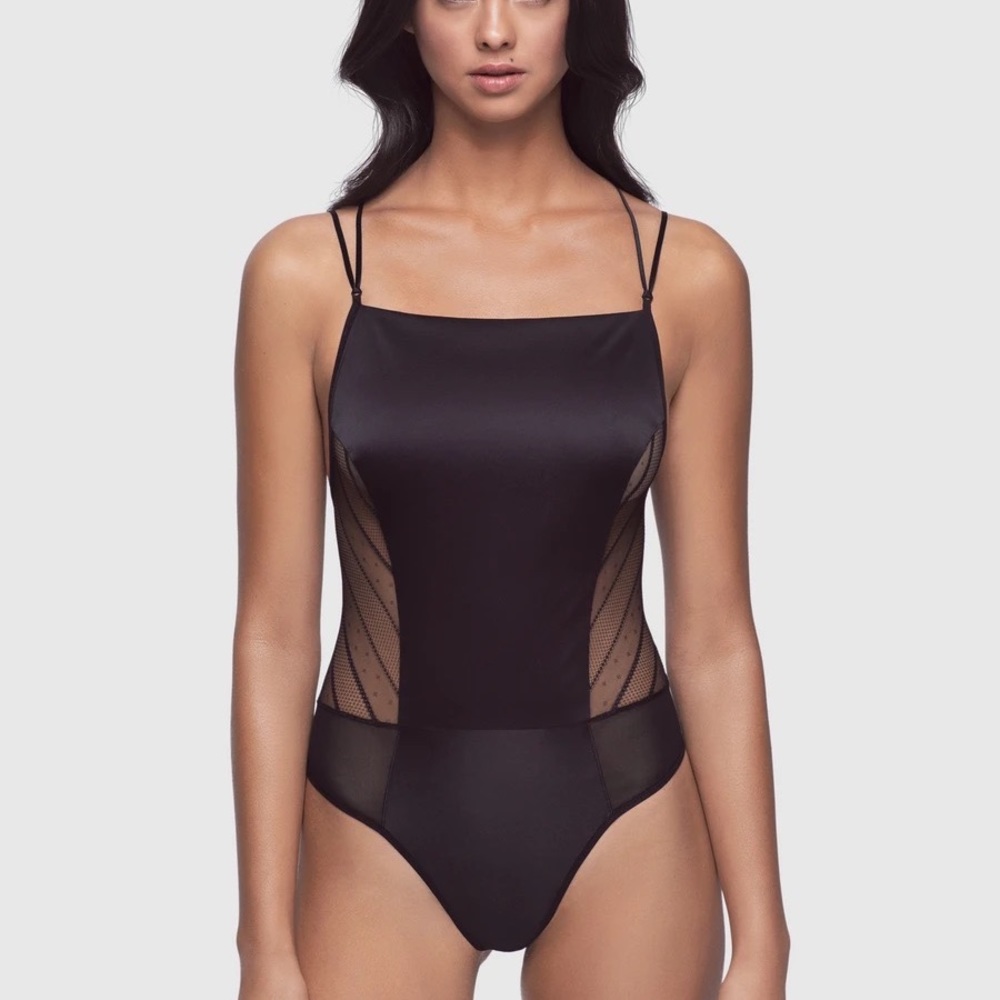 Kiki De Montparnasse Black Silk Charmeuse & Sheer  Bodysuit Large NWT